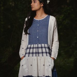 white and blue dress with blue check jacket combination